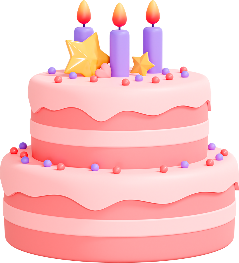 3D Birthday cake with candle and decorations